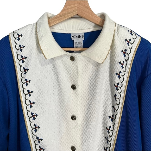 Vintage Koret 80s 90s Cottagecore Embroidered Blue and white collared sweater - Picture 2 of 13